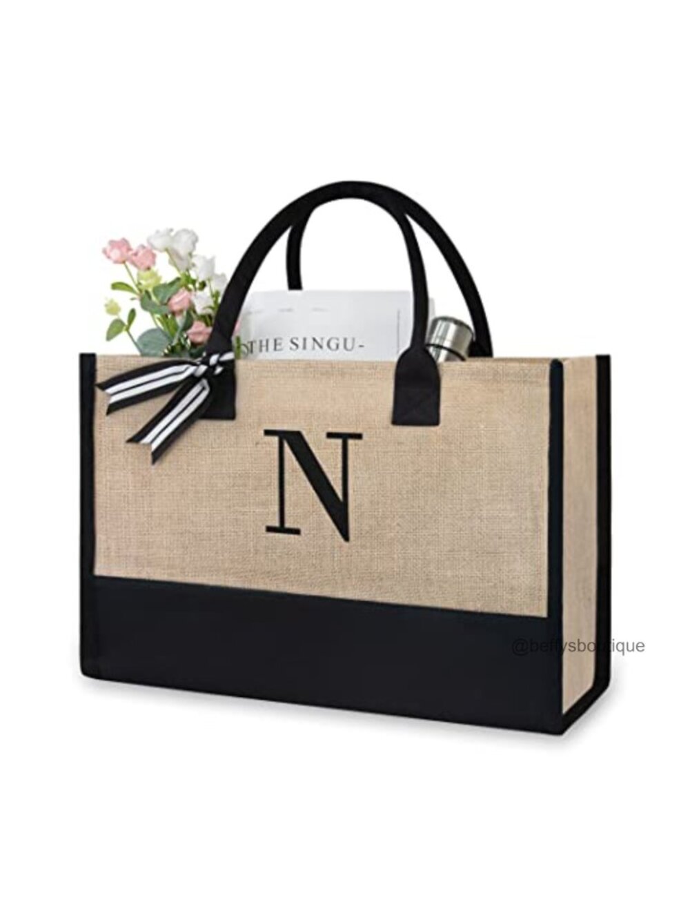 Personalized Initial Canvas Beach Bag Monogrammed Jute Tote for Women